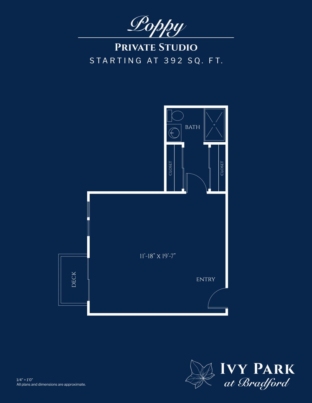 Floor plan of a private studio apartment starting at 320 sq ft.