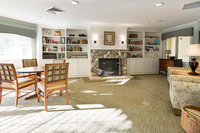 A cozy living room with a fireplace, surrounded by bookshelves and furniture.