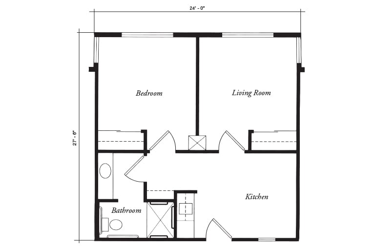 A floor plan depicting a small apartment layout with a bedroom, living room, kitchen, and bathroom.