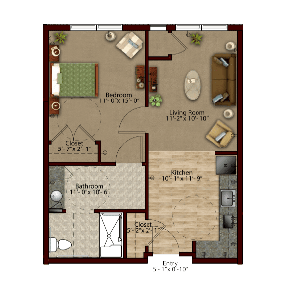 A detailed floor plan of a one-bedroom apartment layout, featuring a living room, kitchen, bathroom, and bedroom with furniture placements.