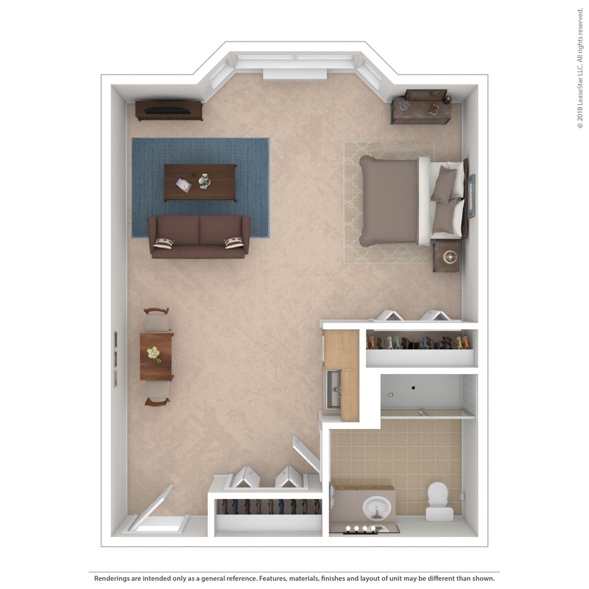 A top-down view of a studio apartment floor plan featuring a living area, kitchen, and bathroom.
