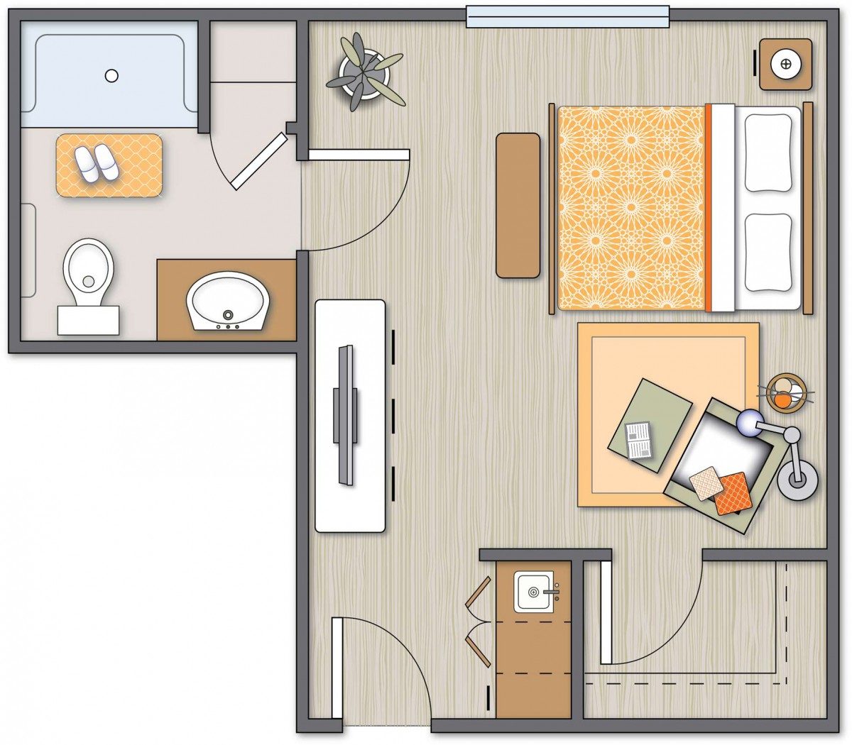 A floor plan of a small apartment featuring a bedroom with an adjacent bathroom.