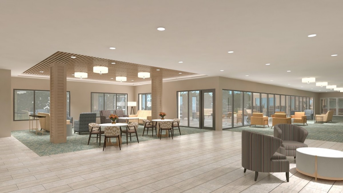 A modern, open-concept lounge and dining area with contemporary furniture and lighting.