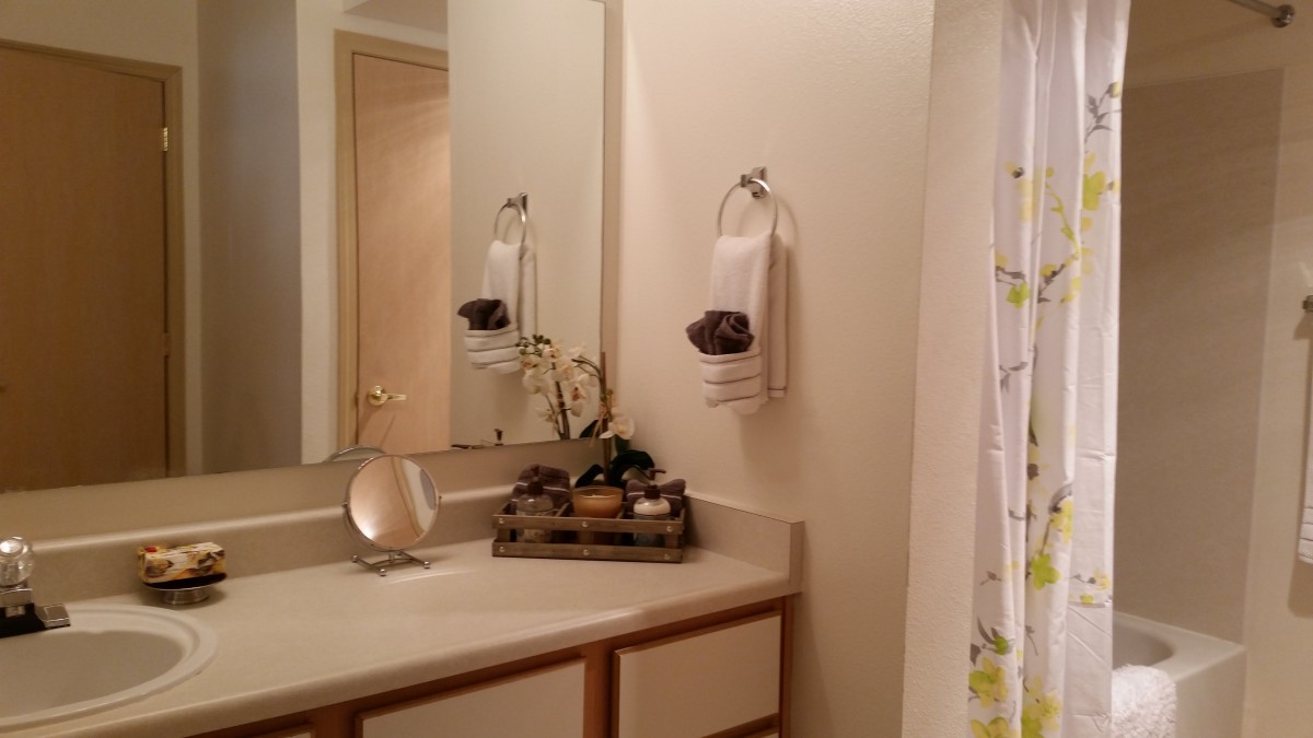 A neatly organized bathroom with a countertop, mirror, and decorative items.