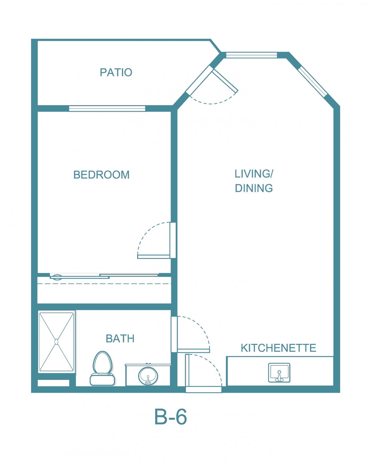 Studio apartment floor plan with patio, bedroom, and kitchenette.