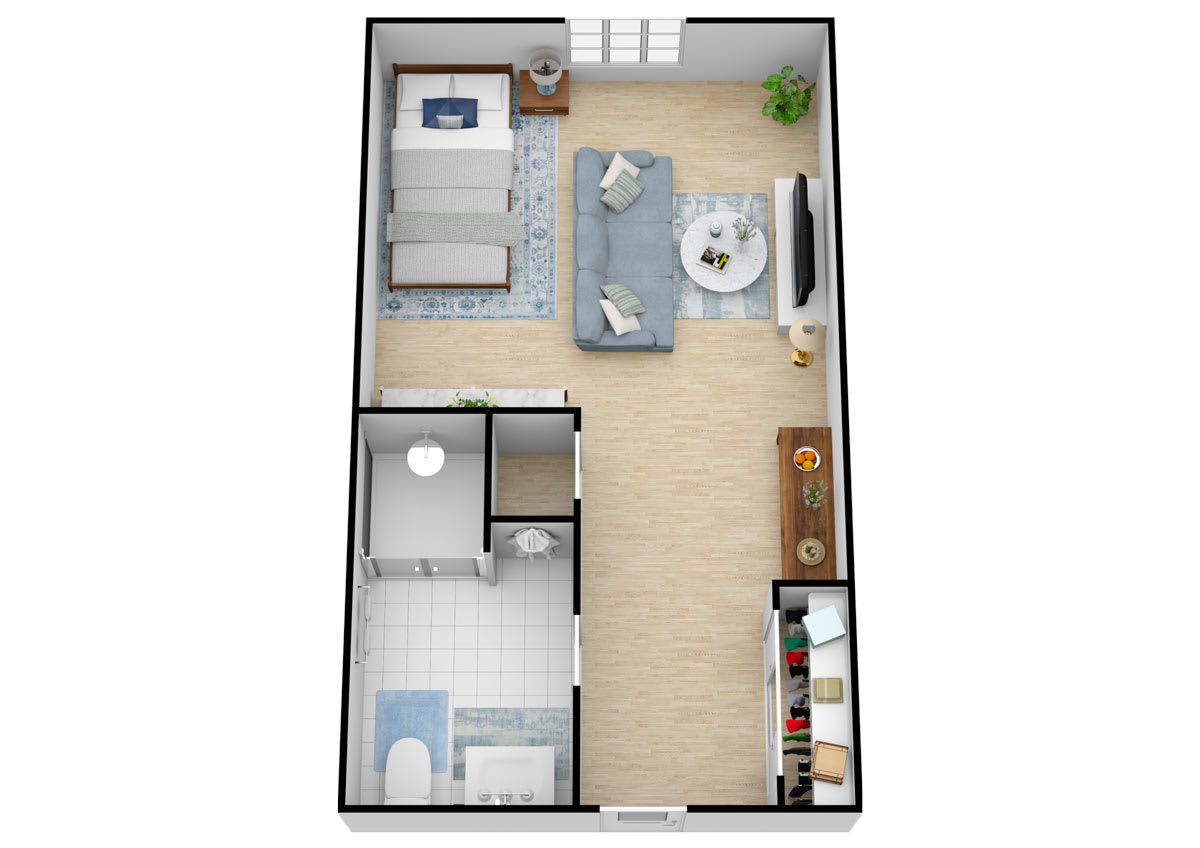 A one-bedroom apartment floor plan featuring a living room, kitchen area, and bathroom.
