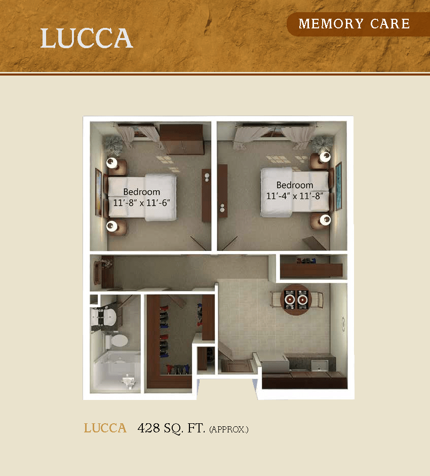 Floor plan layout for Lucca memory care unit with designated bedrooms and living spaces.