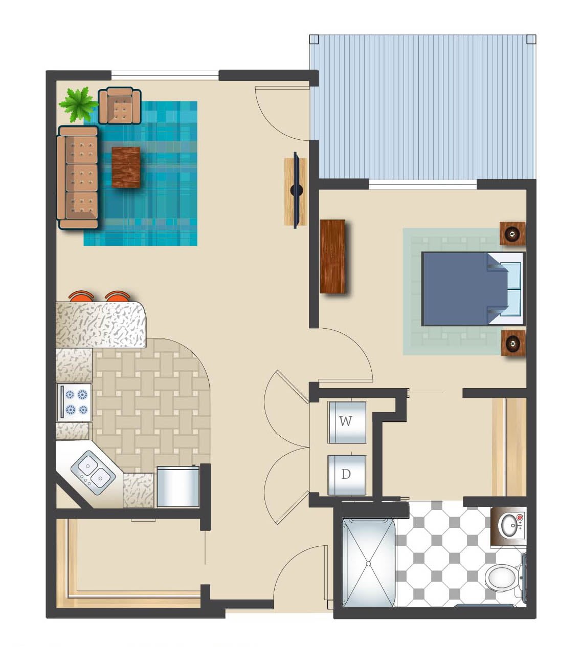 A simple one-bedroom apartment floor plan with a living area, kitchen, and bathroom.