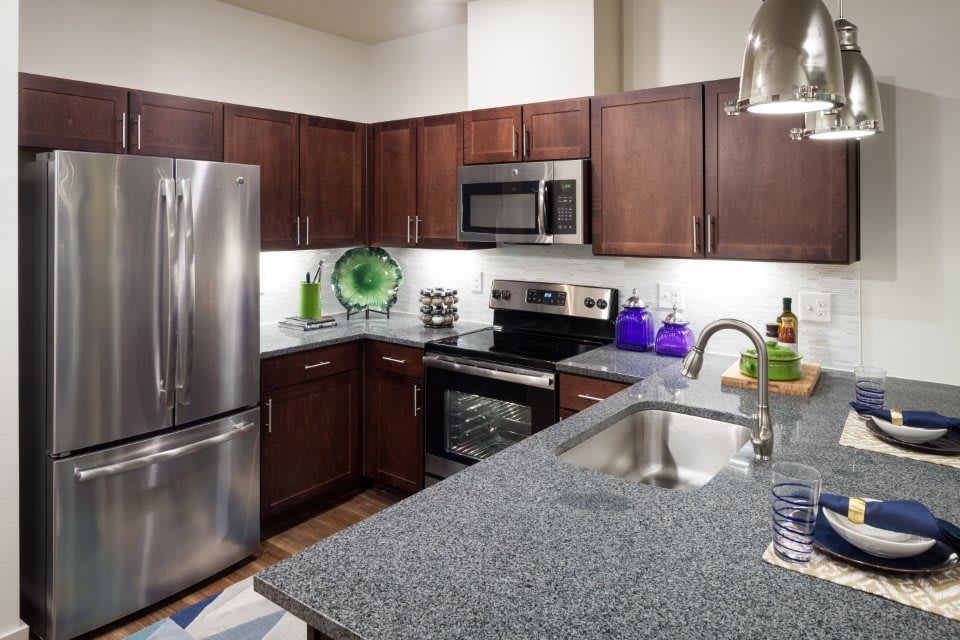 A modern kitchen featuring stainless steel appliances and dark wood cabinets.