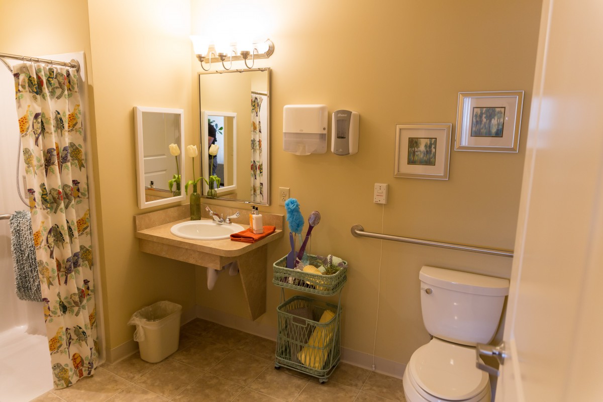 A well-equipped bathroom with a sink, mirror, toilet, and cleaning supplies in a nursing home setting.