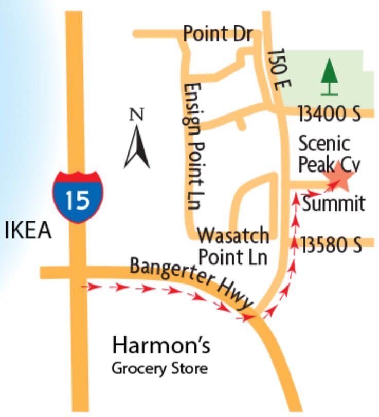 A map depicting directions to a location near IKEA and Harmon's Grocery Store, showing intersections of I-15 and Bangerter Hwy.