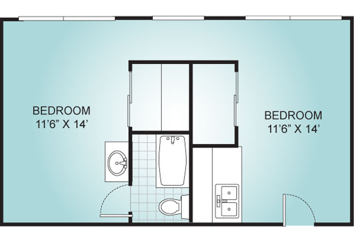 A simple floor plan showing a layout with two bedrooms and a shared bathroom.
