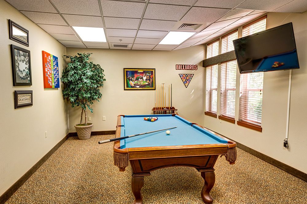A cozy game room featuring a pool table, wall art, and a television.