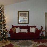 A cozy living room with a red sofa, decorated Christmas tree, and framed artwork on the wall.