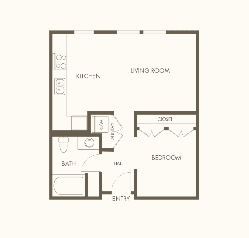 A simple one-bedroom apartment floor plan with designated areas for the kitchen, living room, and bathroom.