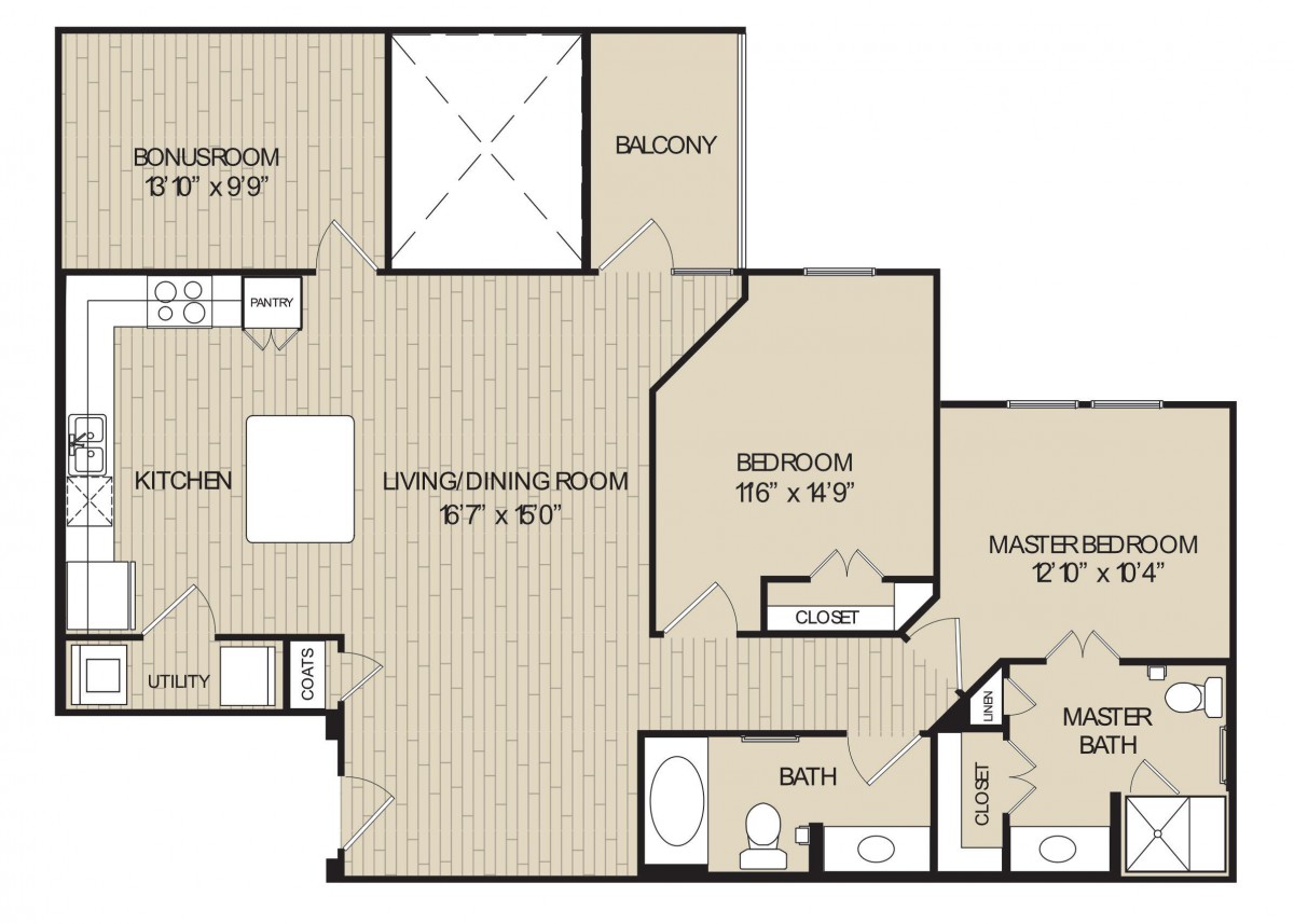 Floor plan of a two-bedroom apartment with a living/dining room, kitchen, bathroom, and balcony.