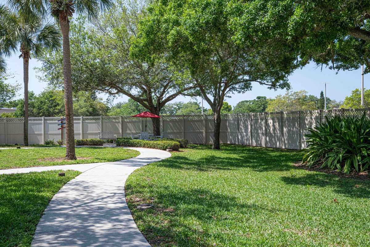 A serene park with a winding pathway surrounded by lush trees and grass.