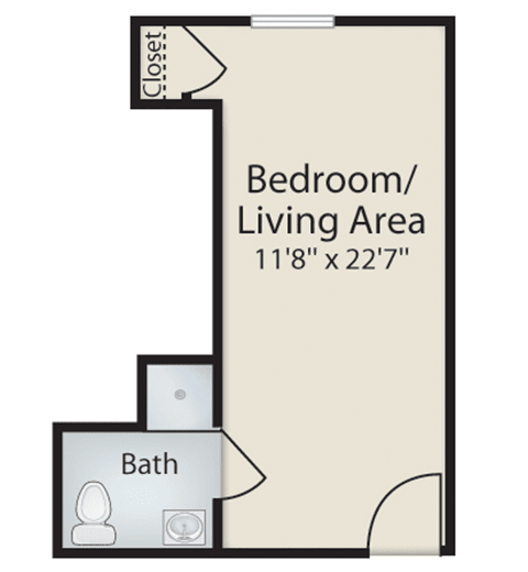 Floor plan of a studio apartment with a combined bedroom/living area and bathroom.
