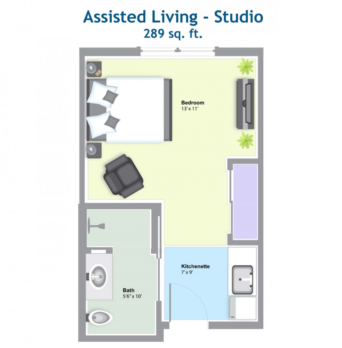 A floor plan of a 289 sq. ft. assisted living studio apartment, featuring areas for the bedroom, bathroom, and kitchen.