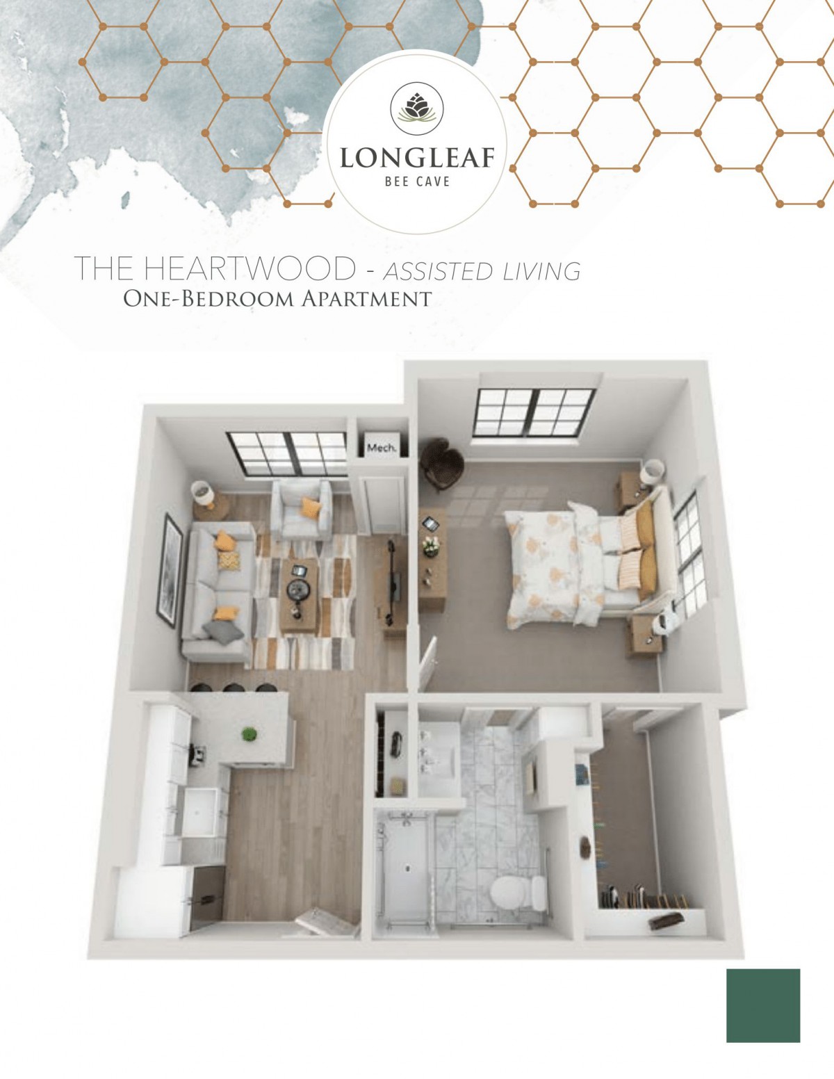 3D floor plan of a one-bedroom apartment.