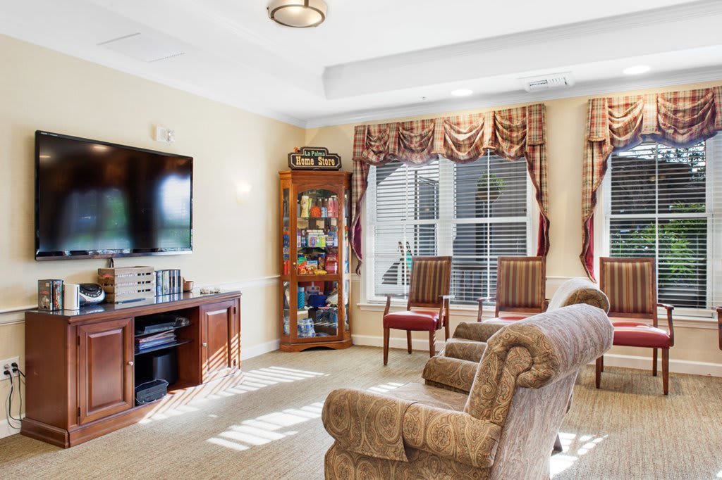 A cozy living room featuring a TV, sofa, chairs, and a display shelf near large windows with decorative curtains.