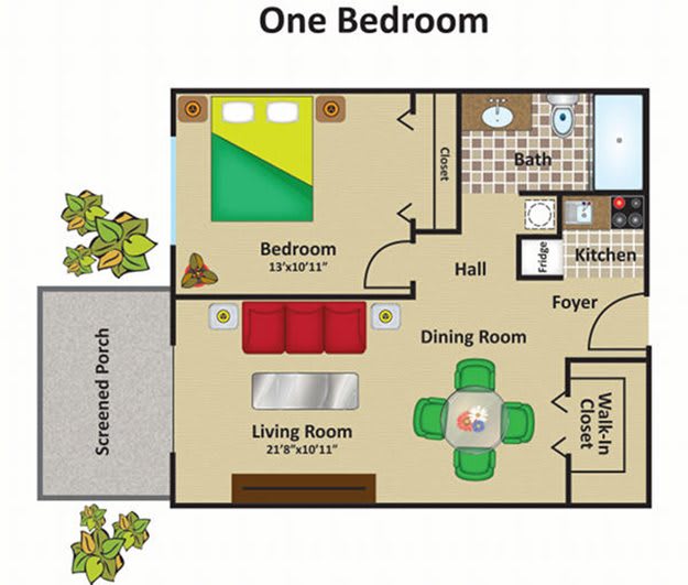 A floor plan for a one-bedroom apartment featuring a living room, dining room, kitchen, bathroom, and screened porch.