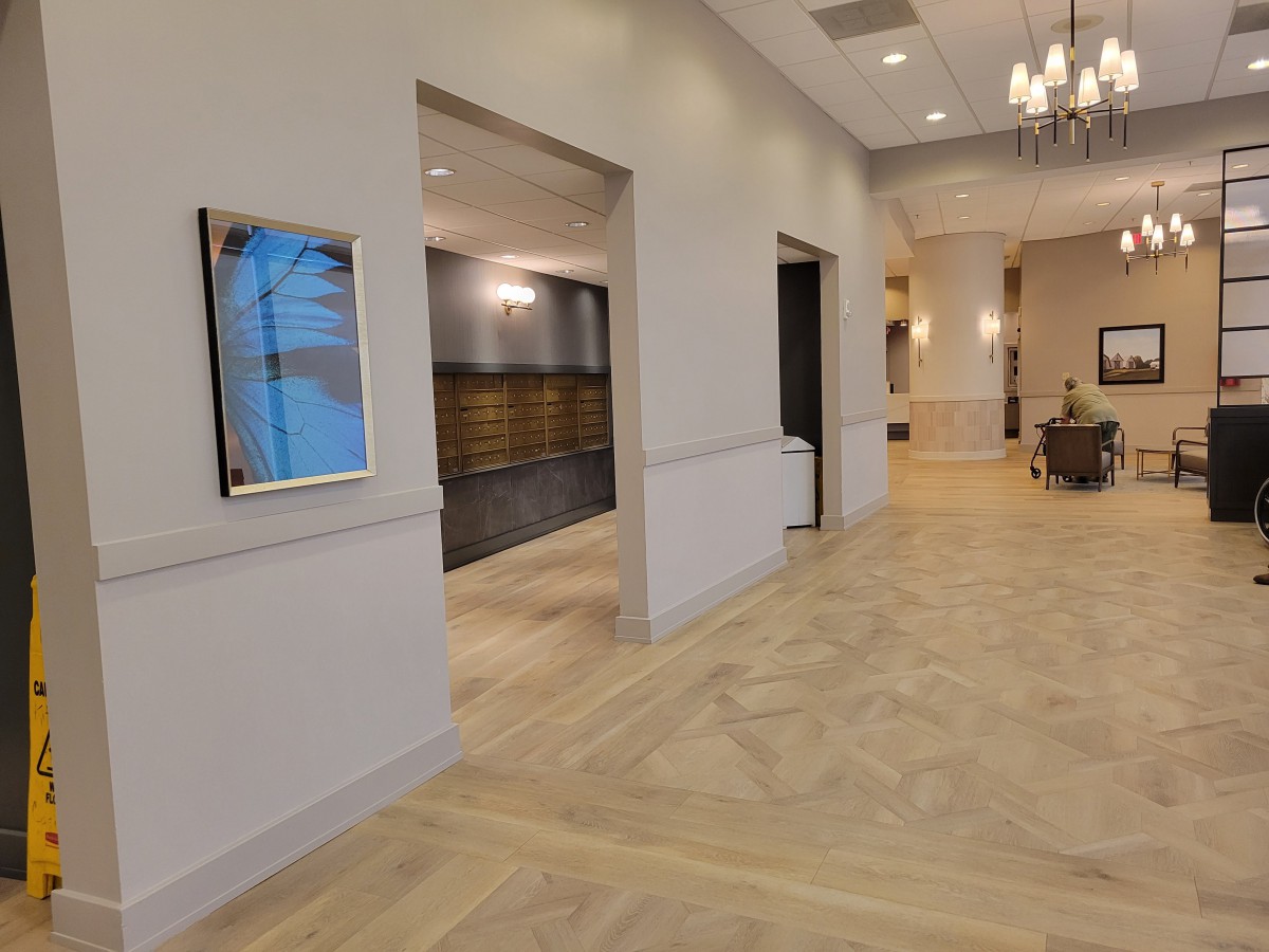 A modern hallway with wood flooring and elegant chandeliers.