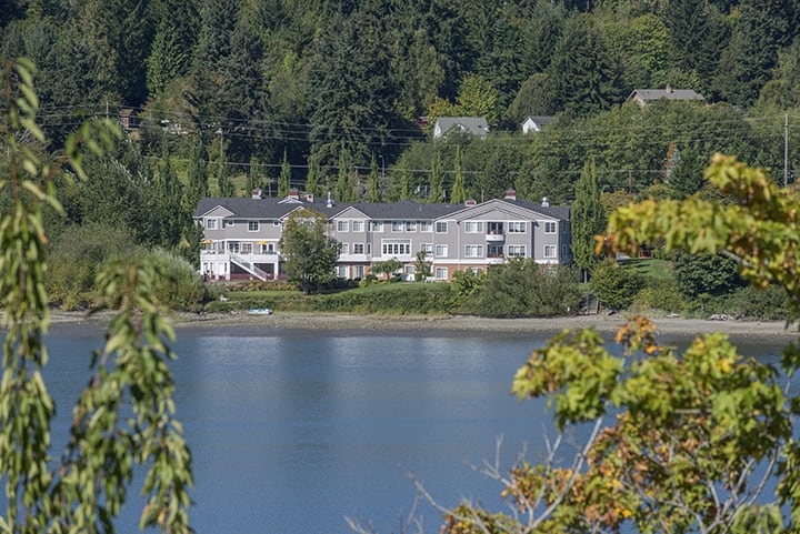 Scenic view of a building by the lake surrounded by lush greenery.