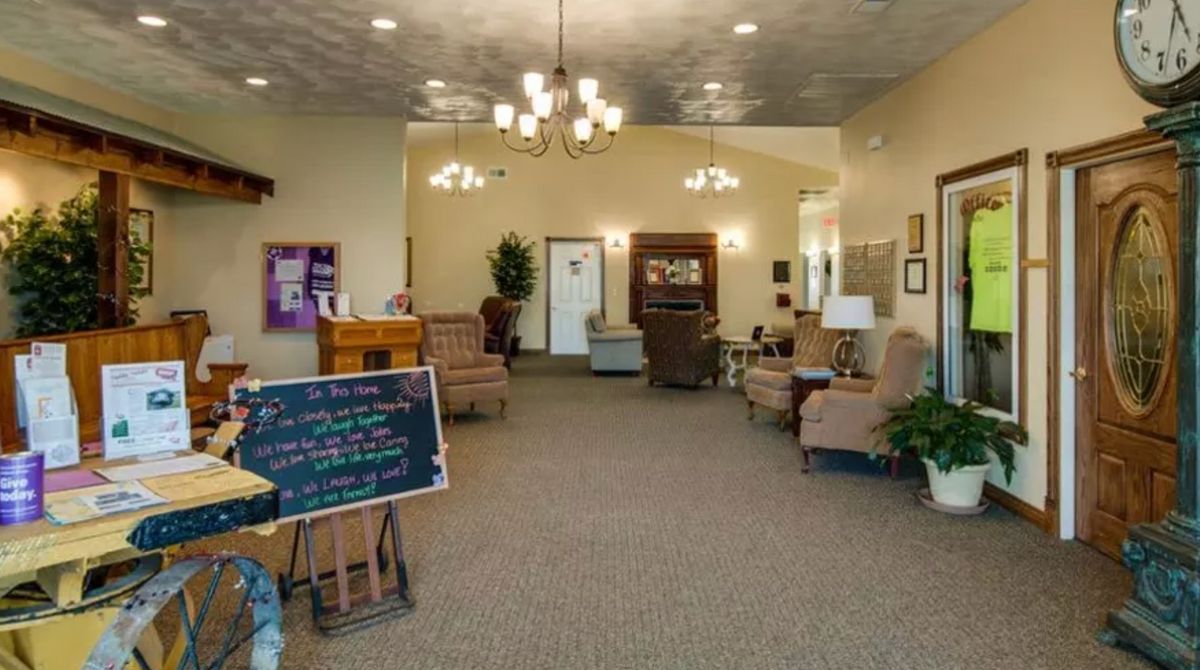 A cozy lobby area with comfortable seating and ambient lighting.