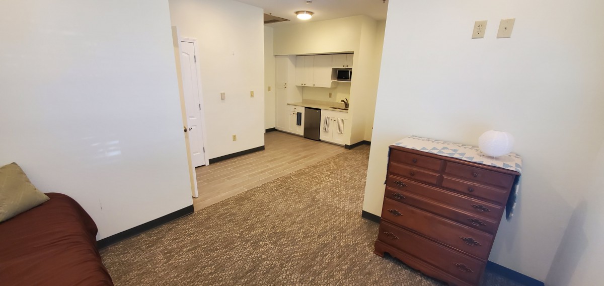 A minimalist apartment interior featuring a kitchenette and a carpeted living area with a dresser.