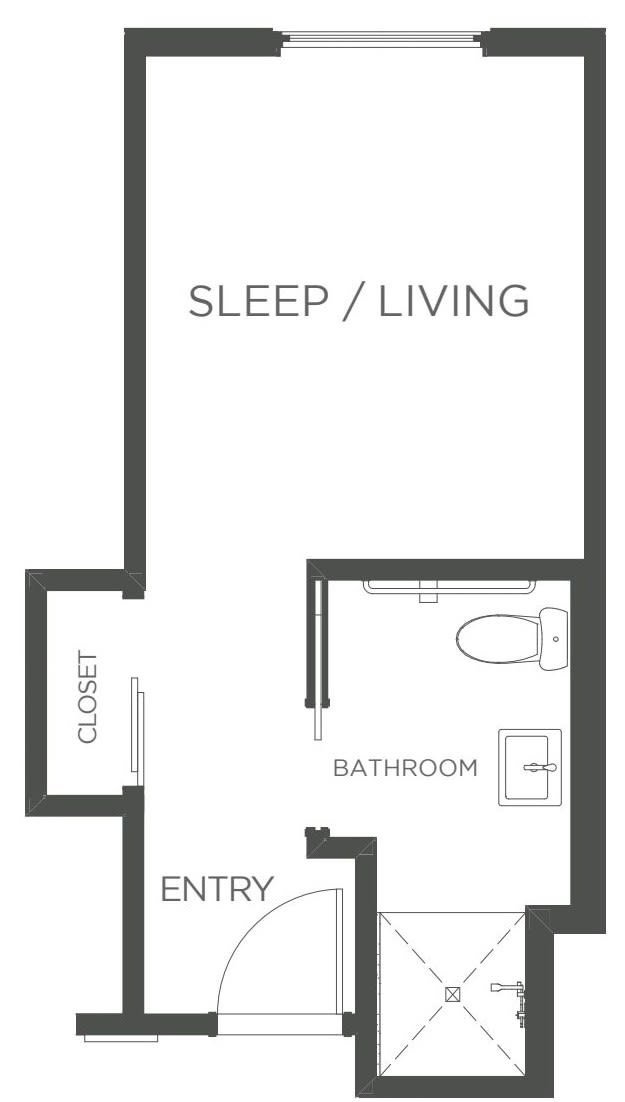 Studio apartment floor plan with a combined sleep/living area, bathroom, and closet.