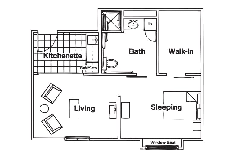 Studio apartment floor plan with kitchenette, living area, sleeping area, bathroom, and walk-in closet.