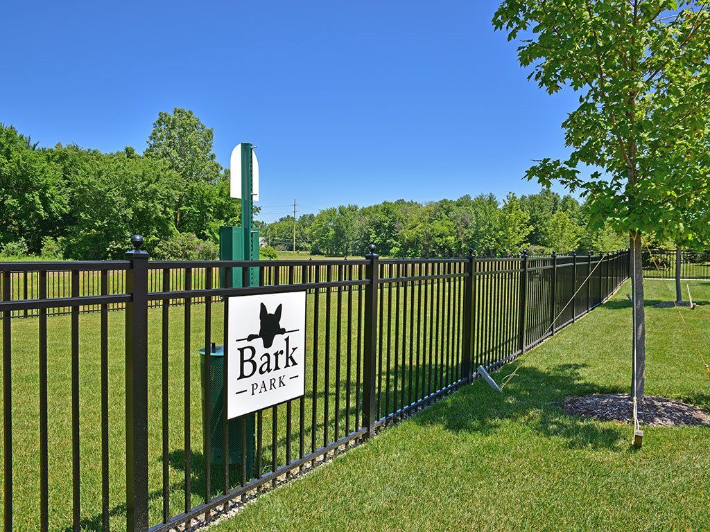 A fenced dog park with lush green surroundings and a clear blue sky.