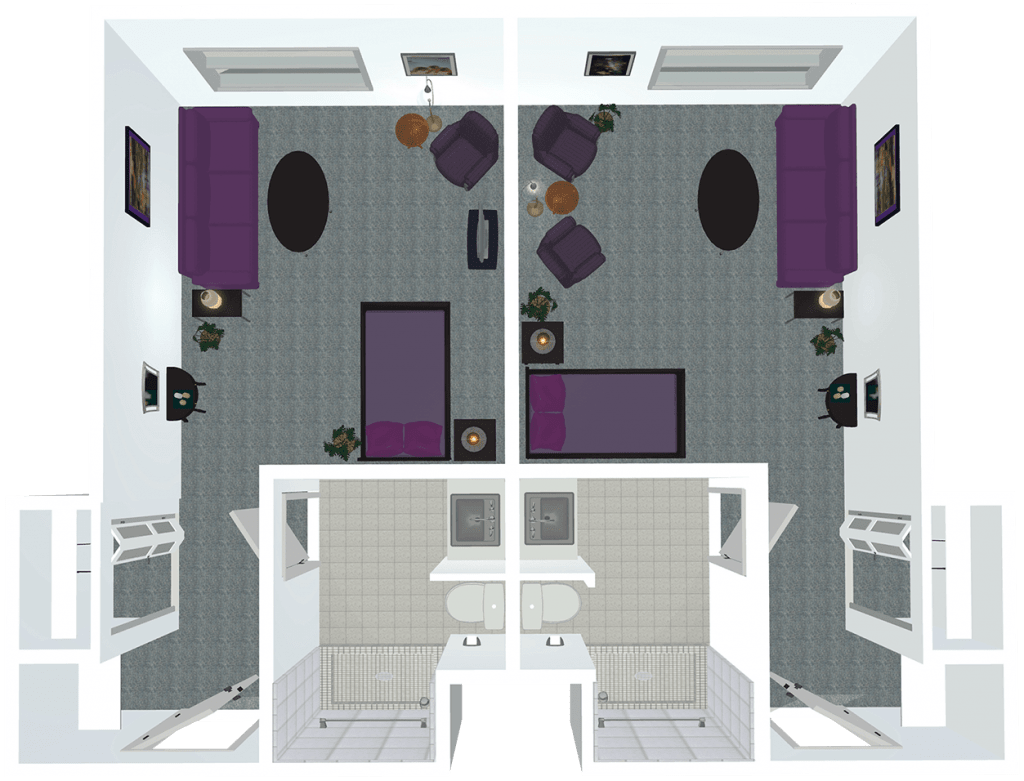 Top view of a symmetrical apartment floor plan with living rooms and shared bathroom.