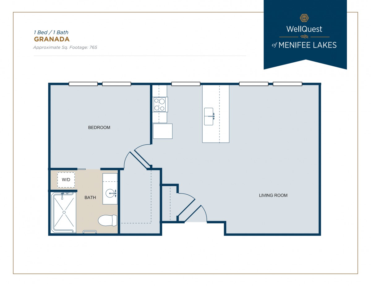 A floor plan of a single-level apartment featuring a bedroom, bathroom, kitchen, and living area.