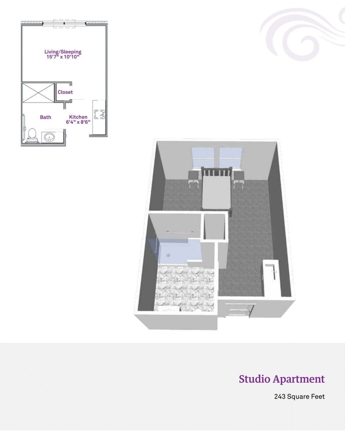 3D floor plan of a studio apartment, showing the layout of living and sleeping areas.