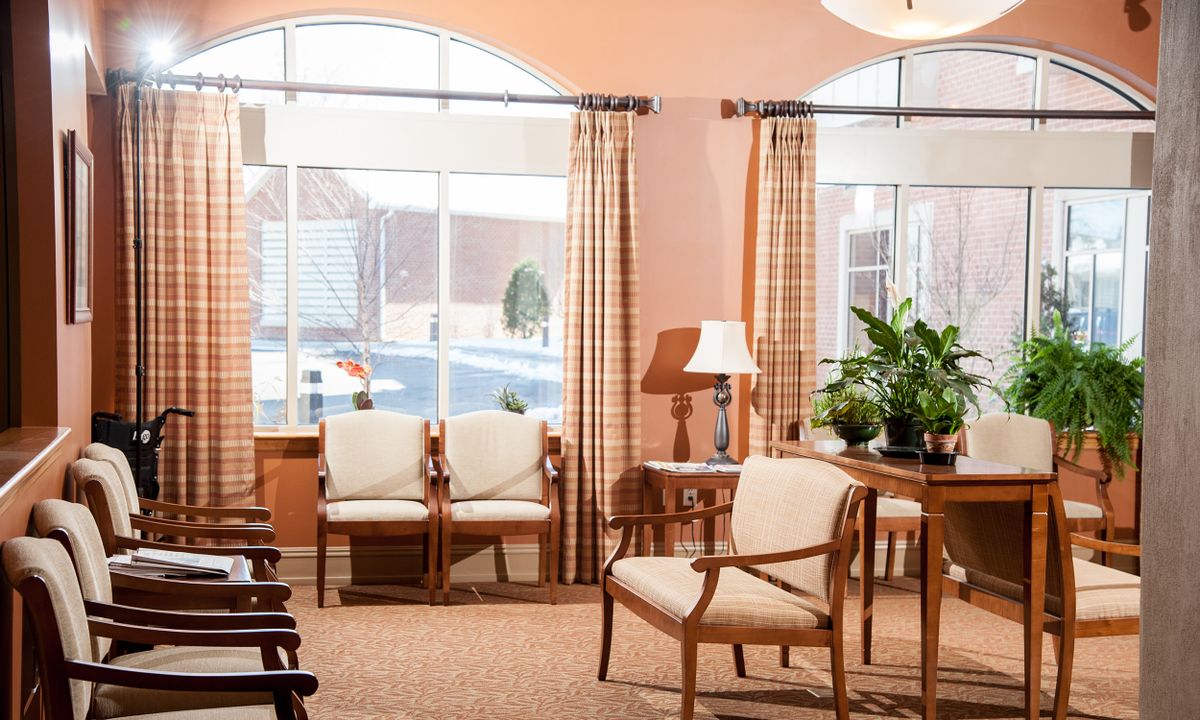 A cozy waiting room with comfortable seating, natural light, and decorative plants.