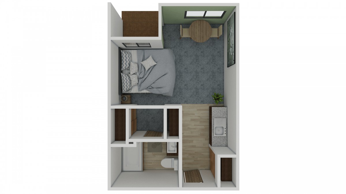 A top-down view of a cozy studio apartment layout featuring a bedroom, kitchen, and bathroom.