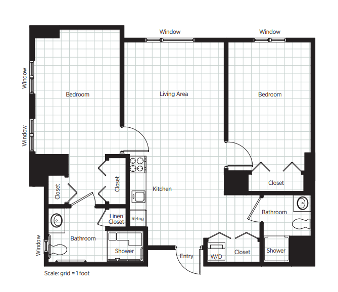 A detailed floor plan of a two-bedroom apartment with labeled rooms and dimensions.