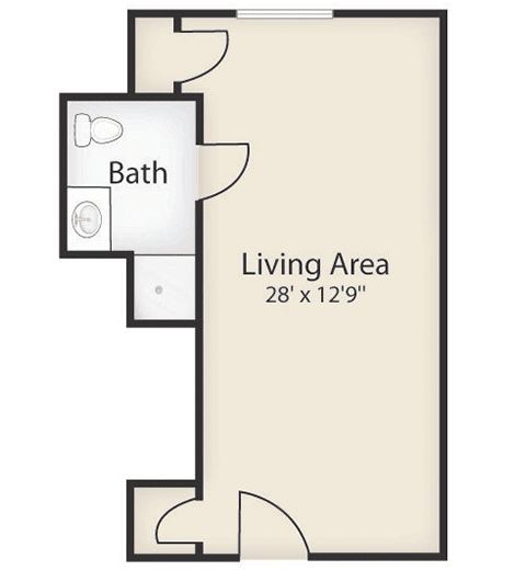 Floor plan of a studio apartment with living area and bathroom.