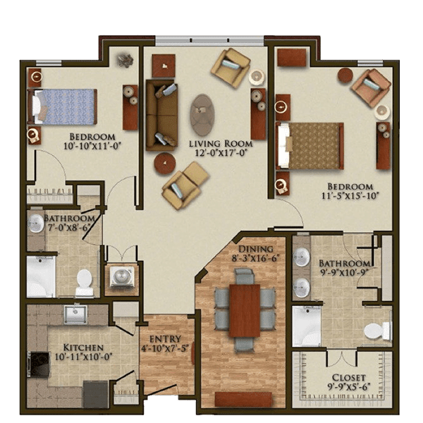 A detailed floor plan of a two-bedroom apartment with a living room, kitchen, dining area, and bathrooms.