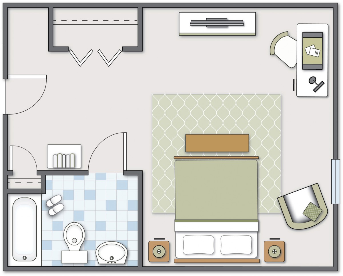 A simple floor plan featuring a bedroom and bathroom layout.