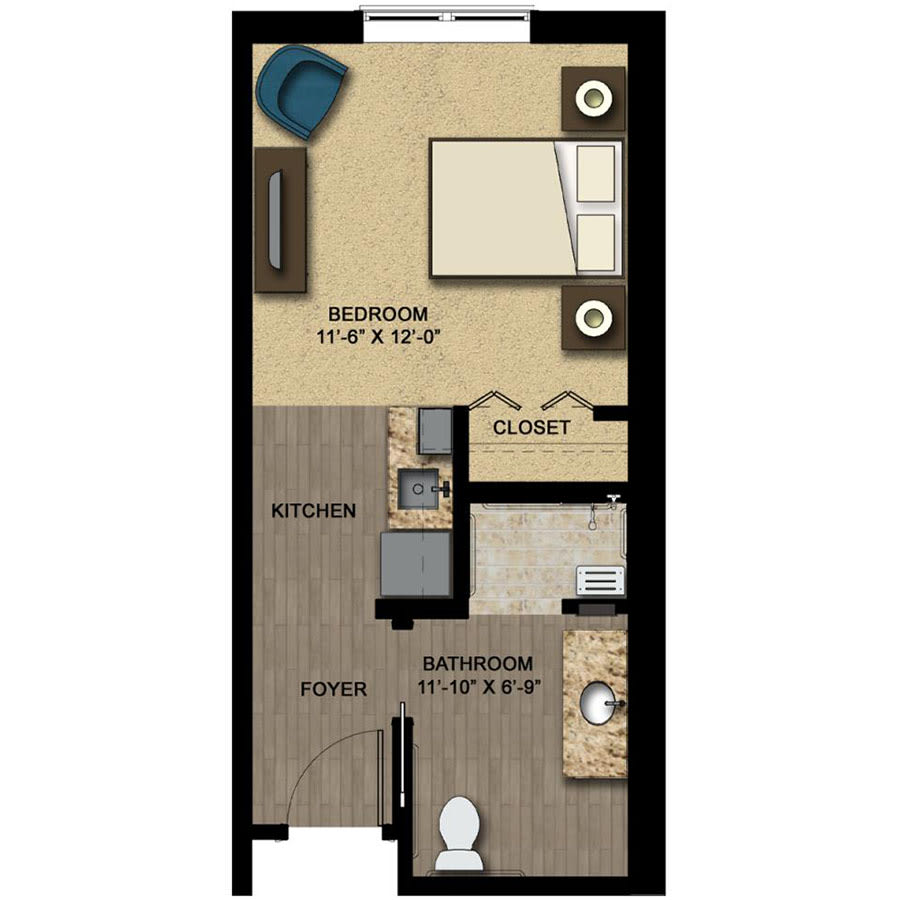 This image shows the floor plan of a one-bedroom apartment with a living area, kitchen, bathroom, and closet space.
