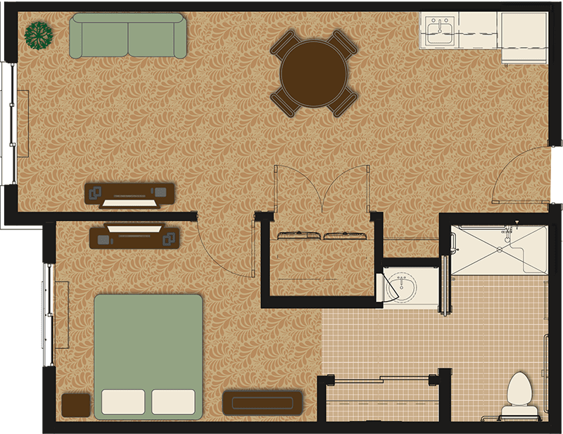 A detailed floor plan illustrating the layout of an apartment with separate areas for a bedroom, living room, dining area, and bathroom.