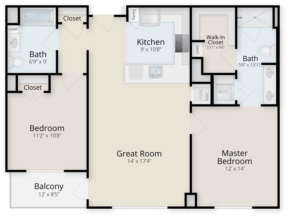 Floor plan of a two-bedroom apartment with labeled rooms.