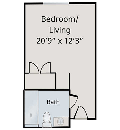 Studio apartment floor plan with a combined bedroom/living space and an attached bathroom.