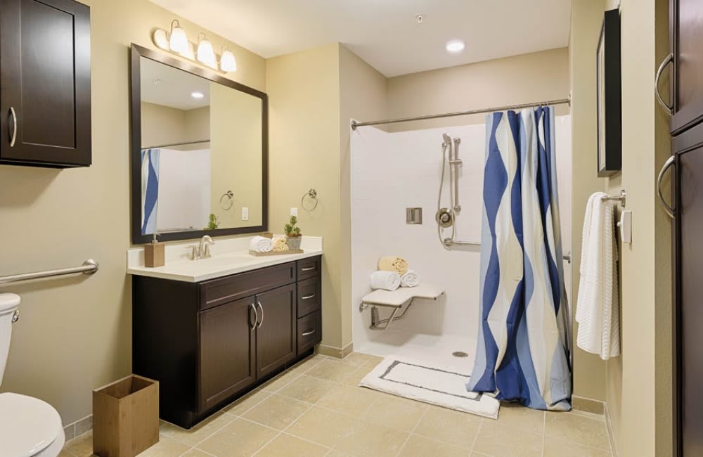A modern bathroom featuring a wide mirror, dark vanity, and accessible shower with a blue striped curtain.