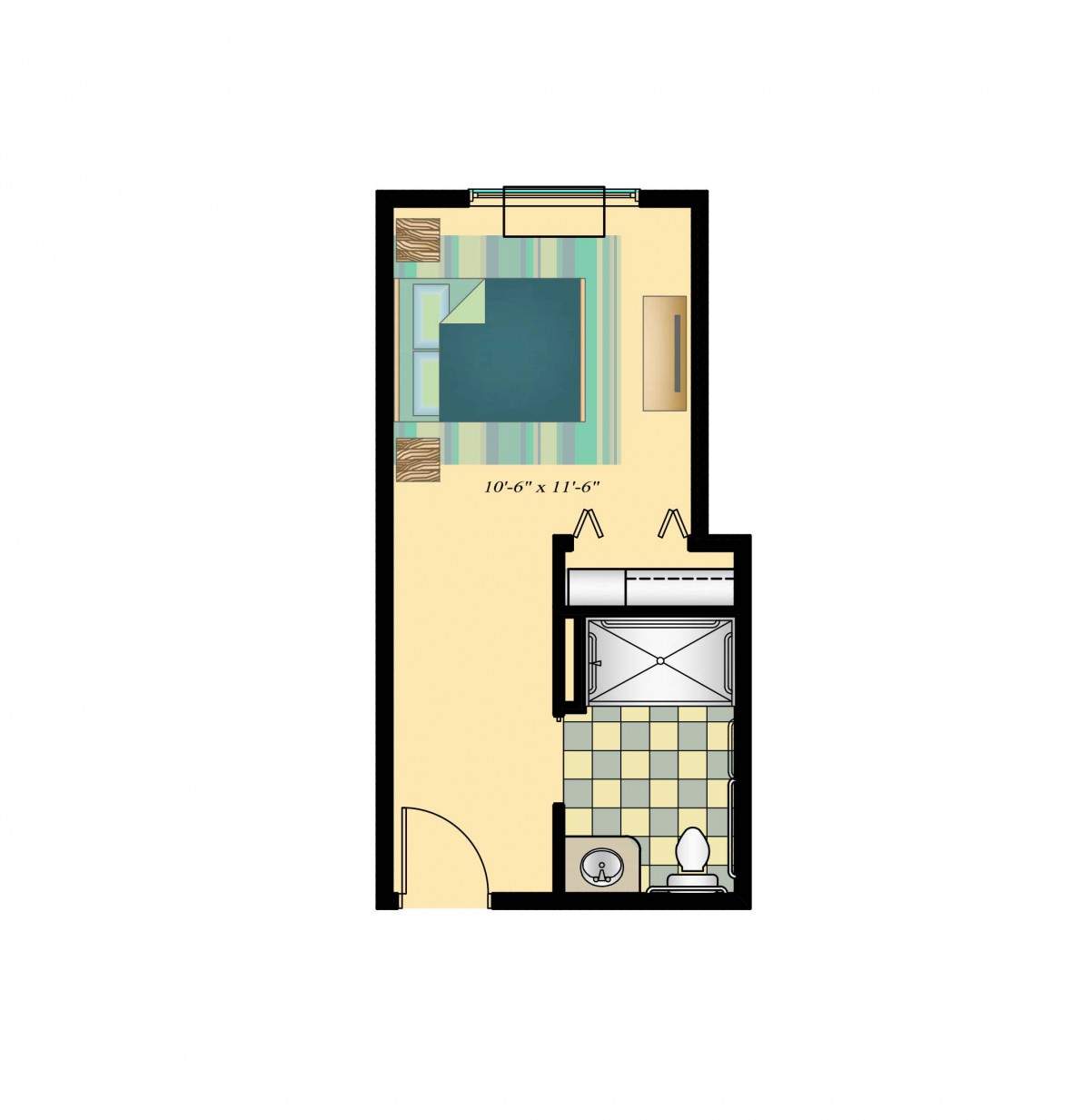A floor plan of a compact studio apartment featuring a central living area, a bathroom, and an entryway.