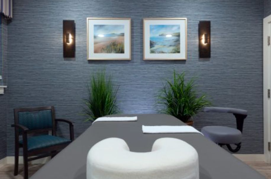 A serene massage room with modern decor, featuring a comfortable massage table, framed artwork, and lush plants for relaxation.