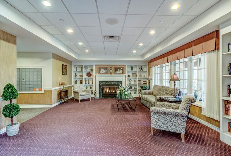 A cozy living room with a fireplace, comfortable seating, and elegant decor.